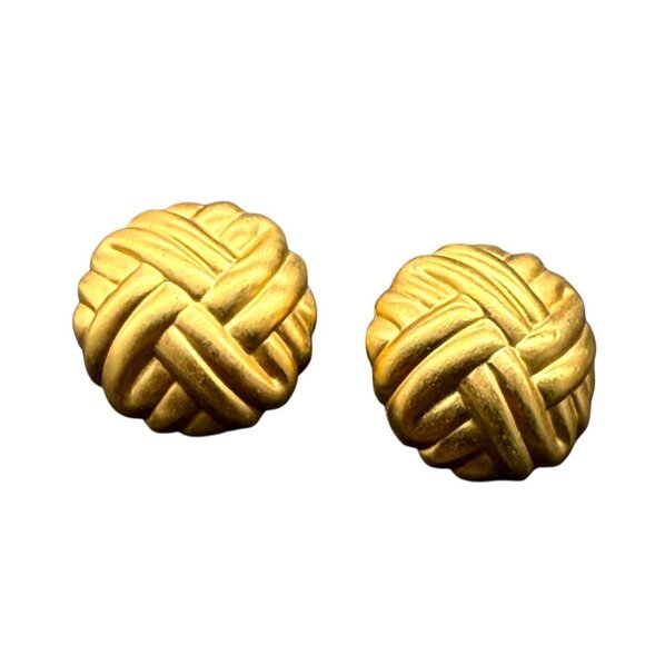 Vintage Cross Hatch Basketweave Dome Studs Earrings Gold Tone Classic 80s - Picture 1 of 2